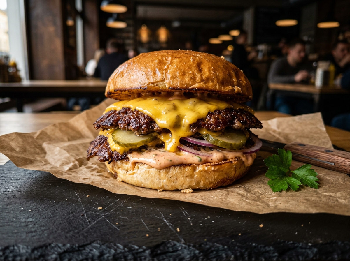 Smash burger Podwójna Zmiana z dwoma kotletami wołowymi, podwójnym serem cheddar i sosem w bułce ziemniaczanej